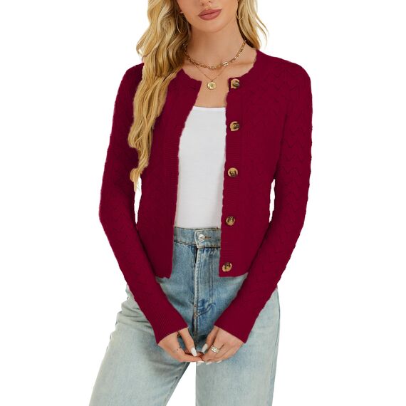 Enjyam Damen Strickjacke Langarm Elegant Kurz Cardigan mit Knöpfe Rundhals Weiche Leichte Jacke zum Top Kleid Weinrot,S