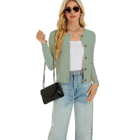 Enjyam Damen Strickjacke Langarm Elegant Kurz Cardigan mit Knöpfe Rundhals Leichte Trachtenjacke zum Top Kleid Salbei,XL