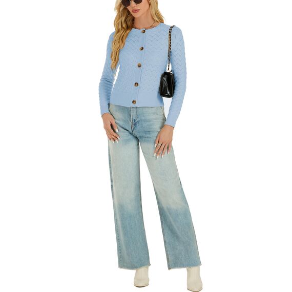 Enjyam Damen Strickjacke Langarm Elegant Kurz Cardigan mit Knöpfe Rundhals Weiche Leichte Jacke zum Top Kleid Blau,S