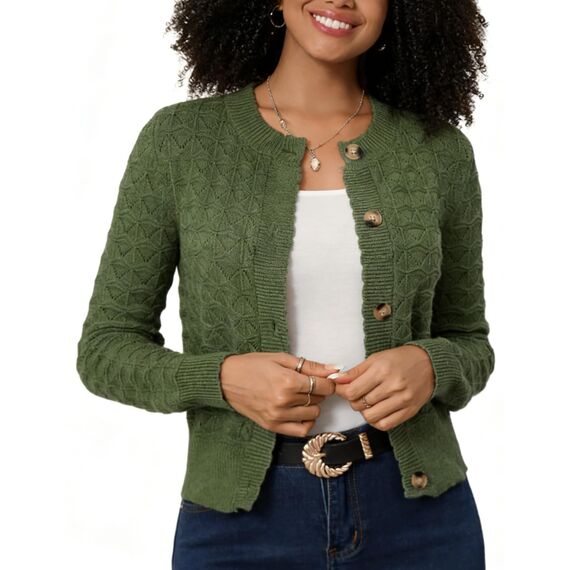 Enjyam Damen Strickjacke Langarm Elegant Kurz Cardigan mit Knöpfe Rundhals Leichte Trachtenjacke zum Top Kleid