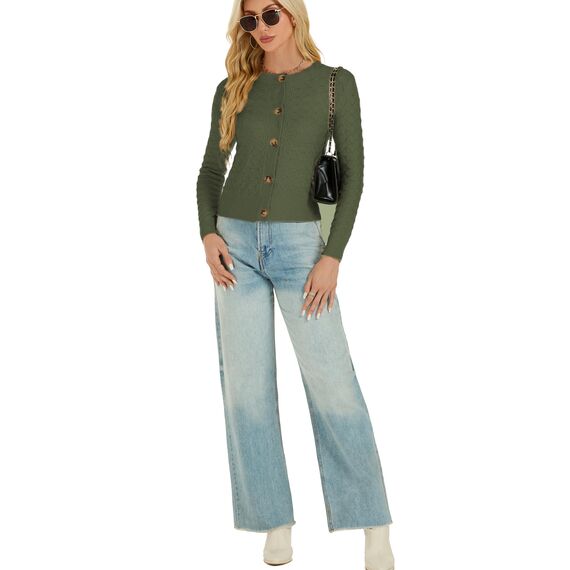 Enjyam Damen Strickjacke Langarm Elegant Kurz Cardigan mit Knöpfe Rundhals Weiche Leichte Jacke zum Top Kleid Grün,L