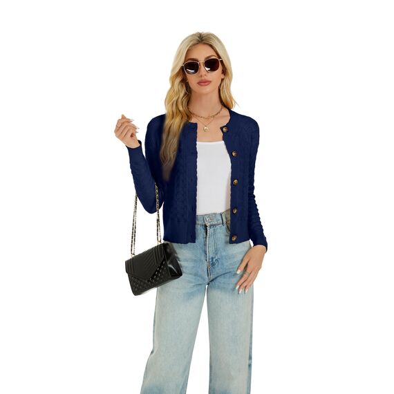 Enjyam Damen Strickjacke Langarm Elegant Kurz Cardigan mit Knöpfe Rundhals Weiche Leichte Jacke zum Top Kleid Navy,S