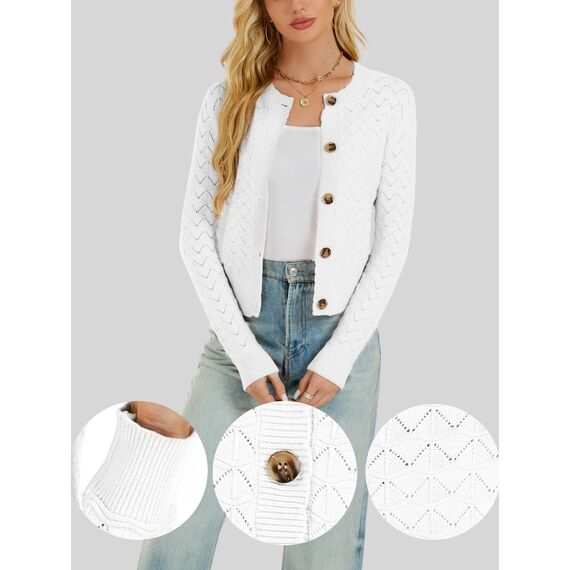 Enjyam Damen Strickjacke Langarm Elegant Kurz Cardigan mit Knöpfe Rundhals Weiche Leichte Jacke zum Top Kleid Weiß,M