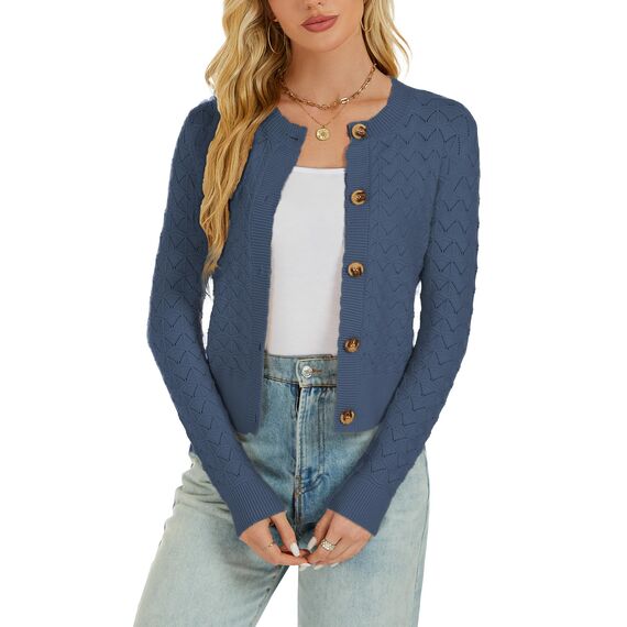 Enjyam Damen Strickjacke Langarm Elegant Kurz Cardigan mit Knöpfe Rundhals Weiche Leichte Jacke zum Top Kleid Blau,M