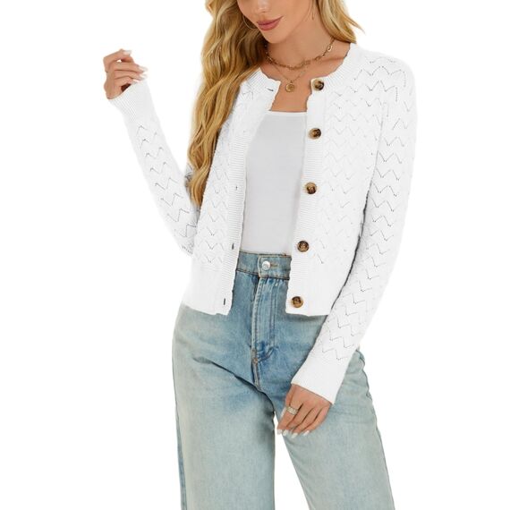 Enjyam Damen Strickjacke Langarm Elegant Kurz Cardigan mit Knöpfe Rundhals Weiche Leichte Jacke zum Top Kleid Weiß,M