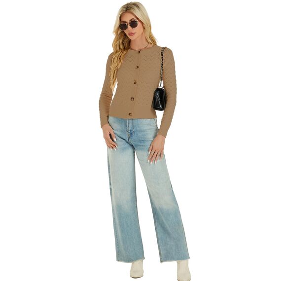Damen Strickjacke Elegant Langarm Rundhals Cardigan Leicht Jäckchen mit Knöpfe Weiche Strickweste über Top Kleid Kamel,M