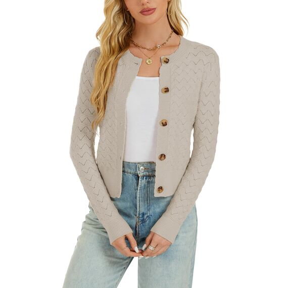 Enjyam Damen Strickjacke Langarm Elegant Kurz Cardigan mit Knöpfe Rundhals Weiche Leichte Jacke zum Top Kleid,L