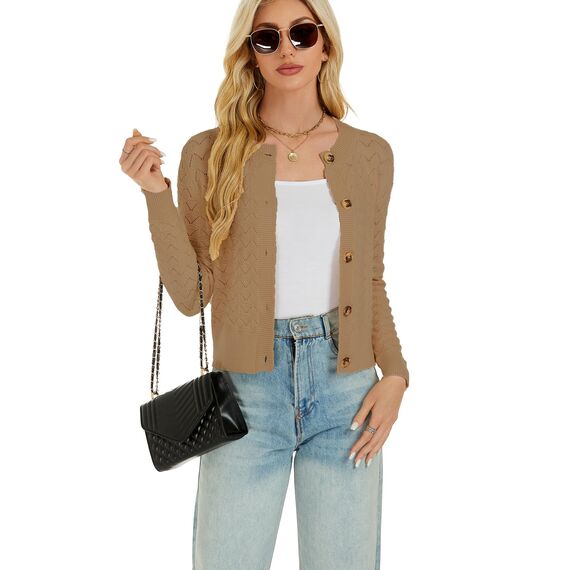 Damen Strickjacke Elegant Langarm Rundhals Cardigan Leicht Jäckchen mit Knöpfe Weiche Strickweste über Top Kleid Kamel,M