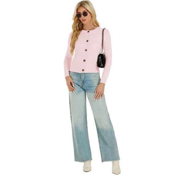 Enjyam Damen Strickjacke Langarm Elegant Kurz Cardigan mit Knöpfe Rundhals Weiche Leichte Jacke zum Top Kleid