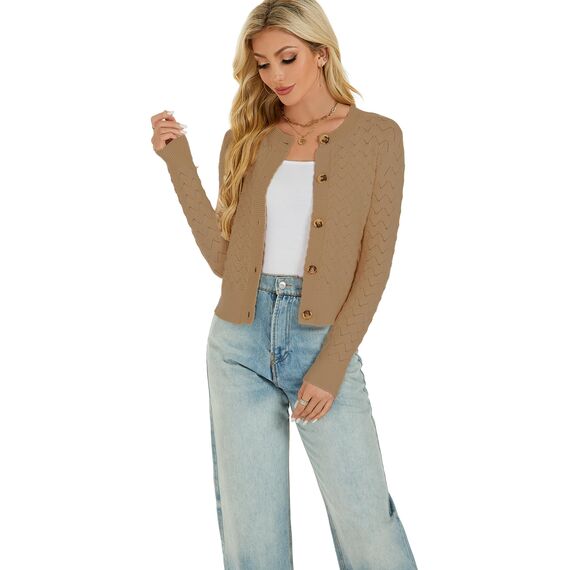 Enjyam Damen Strickjacke Langarm Elegant Kurz Cardigan mit Knöpfe Rundhals Weiche Leichte Jacke zum Top Kleid Kamel,S