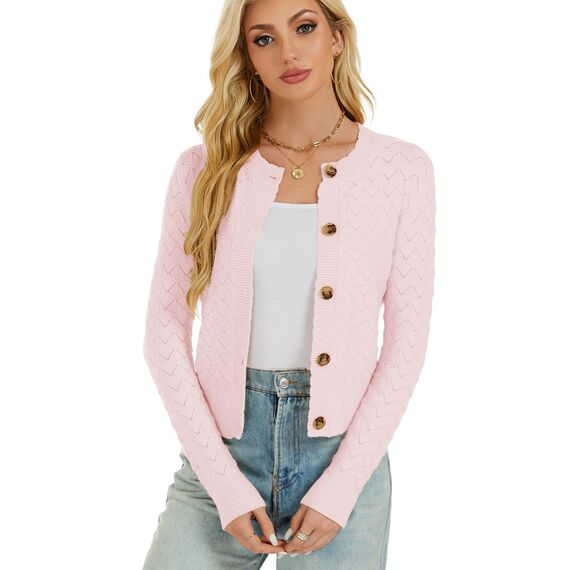 Enjyam Damen Strickjacke Langarm Elegant Kurz Cardigan mit Knöpfe Rundhals Weiche Leichte Jacke zum Top Kleid