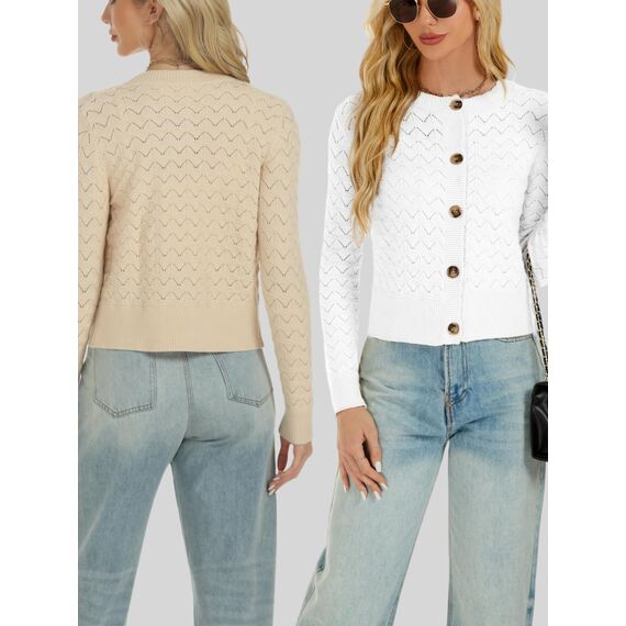 Enjyam Damen Strickjacke Langarm Elegant Kurz Cardigan mit Knöpfe Rundhals Weiche Leichte Jacke zum Top Kleid Weiß,M