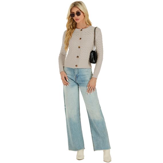 Enjyam Damen Strickjacke Langarm Elegant Kurz Cardigan mit Knöpfe Rundhals Leichte Trachtenjacke zum Top Kleid,S