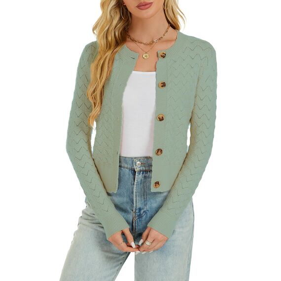 Damen Strickjacke Elegant Langarm Rundhals Cardigan Leicht Bolero Jäckchen mit Knöpfe Weiche Jacke über Top Kleid Salbei,S