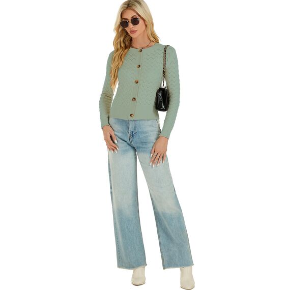 Damen Strickjacke Elegant Langarm Rundhals Cardigan Leicht Bolero Jäckchen mit Knöpfe Weiche Jacke über Top Kleid Salbei,S