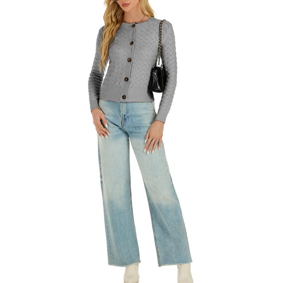 Damen Strickjacke Elegant Langarm Rundhals Cardigan Leicht Bolero Jäckchen mit Knöpfe Weiche Jacke über Top Kleid Grau,S