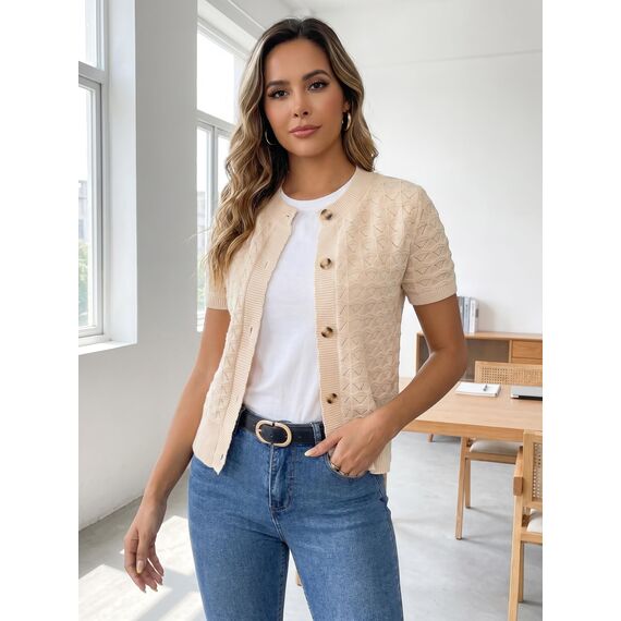 Enjyam Damen Kurze Strickjacke Elegant Kurzarm Rundhals Cardigan Leicht Dünn Bolero Jäckchen über Top Kleid Beige,L