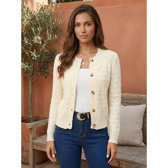 Enjyam Damen Strickjacke Langarm Elegant Kurz Cardigan mit Knöpfe Rundhals Leichte Trachtenjacke zum Top Kleid
