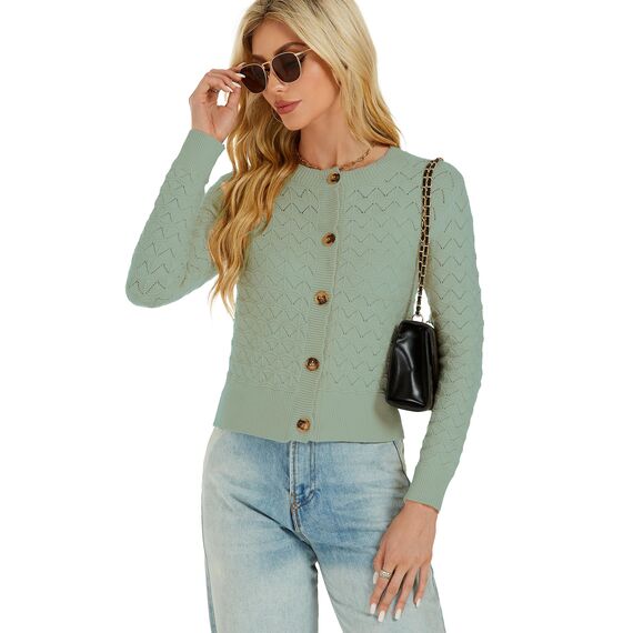 Damen Strickjacke Elegant Langarm Rundhals Cardigan Leicht Bolero Jäckchen mit Knöpfe Weiche Jacke über Top Kleid Salbei,S