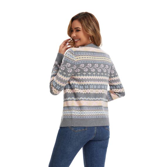 Enjyam Damen Strickjacke Langarm Rundhals Cardigan mit Norweger Strickmuster Weiche Strickweste mit Knopfleiste Grau,L