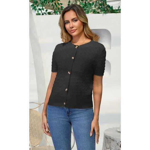 Enjyam Damen Strickjacke Kurzarm Elegant Kurz Cardigan Rundhals Weiche Leichte Sommer Jacke zum Top Kleid Schwarz,L