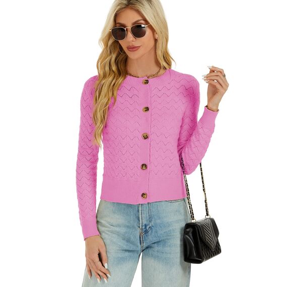 Enjyam Damen Strickjacke Langarm Elegant Kurz Cardigan mit Knöpfe Rundhals Weiche Leichte Jacke zum Top Kleid Rosa,S