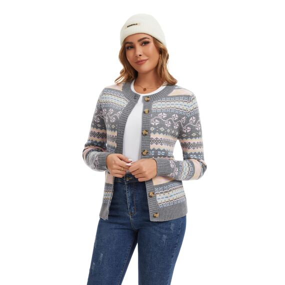 Enjyam Damen Strickjacke Langarm Rundhals Cardigan mit Norweger Strickmuster Weiche Strickweste mit Knopfleiste Grau,L