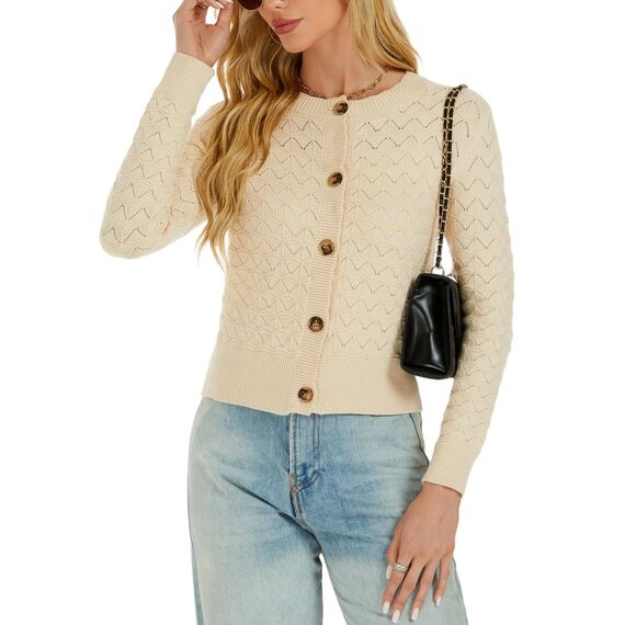 Damen Strickjacke Elegant Langarm Rundhals Cardigan Leicht Bolero Jäckchen mit Knöpfe Weiche Jacke über Top Kleid Beige,XL