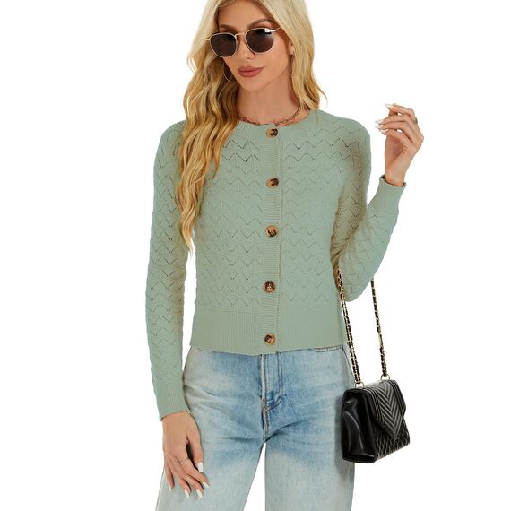 Enjyam Damen Strickjacke Elegant Langarm Rundhals Cardigan Leicht Jäckchen mit Knöpfe Weiche Strickweste über Top Kleid Salbei,L