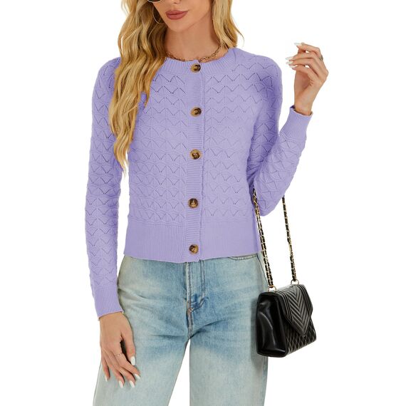 Enjyam Damen Strickjacke Elegant Langarm Rundhals Cardigan Leicht Bolero Jäckchen mit Knöpfe Weiche Strickweste Lila,L