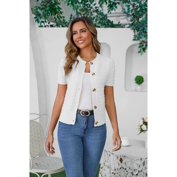 Enjyam Damen Strickjacke Kurzarm Elegant Kurz Cardigan mit Knöpfe Rundhals Weiche Leichte Jacke zum Top Kleid Weiß,L