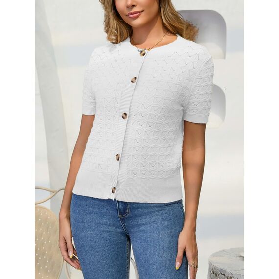 Enjyam Damen Strickjacke Kurzarm Elegant Kurz Cardigan mit Knöpfe Rundhals Weiche Leichte Jacke zum Top Kleid Weiß,L
