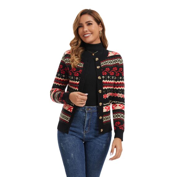 Enjyam Damen Strickjacke Langarm Rundhals Cardigan mit Norweger Strickmuster Weiche Strickweste mit Knopfleiste Schwarz,M