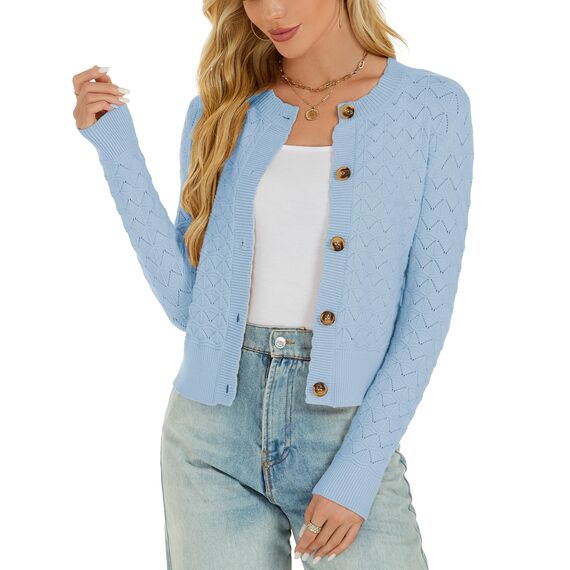 Enjyam Damen Strickjacke Langarm Elegant Kurz Cardigan mit Knöpfe Rundhals Weiche Leichte Jacke zum Top Kleid Blau,S