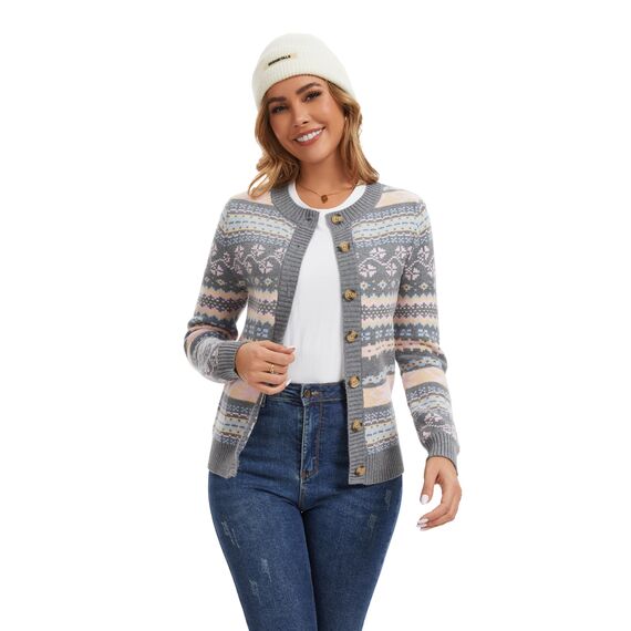 Enjyam Damen Strickjacke Langarm Rundhals Cardigan mit Norweger Strickmuster Weiche Strickweste mit Knopfleiste Grau,L