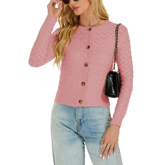 Enjyam Damen Strickjacke Langarm Elegant Kurz Cardigan mit Knöpfe Rundhals Weiche Leichte Jacke zum Top Kleid Lachsrosa,L