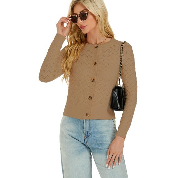 Enjyam Damen Strickjacke Langarm Elegant Kurz Cardigan mit Knöpfe Rundhals Leichte Trachtenjacke zum Top Kleid Kamel,L