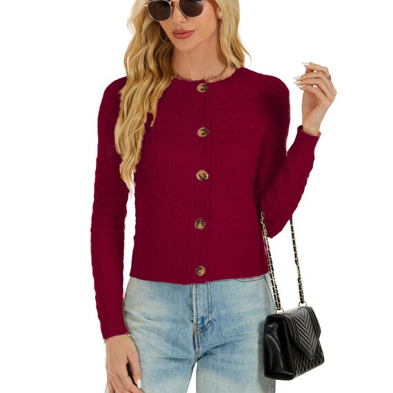 Damen Strickjacke Elegant Langarm Rundhals Cardigan Leicht Bolero Jäckchen mit Knöpfe Weiche Jacke über Top Kleid Weinrot,L