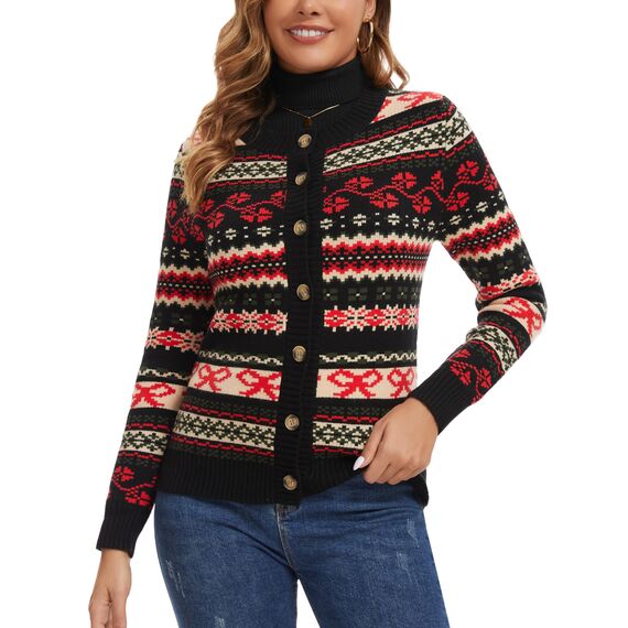Enjyam Damen Strickjacke Langarm Rundhals Cardigan mit Norweger Strickmuster Weiche Strickweste mit Knopfleiste Schwarz,M