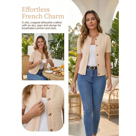 Enjyam Damen Strickjacke Kurzarm Elegant Kurz Cardigan mit Knöpfe Rundhals Weiche Leichte Jacke zum Top Kleid Beige,M
