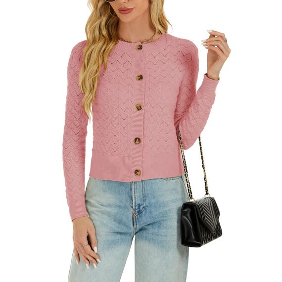 Enjyam Damen Strickjacke Langarm Elegant Kurz Cardigan mit Knöpfe Rundhals Weiche Leichte Jacke zum Top Kleid Lachsrosa,L