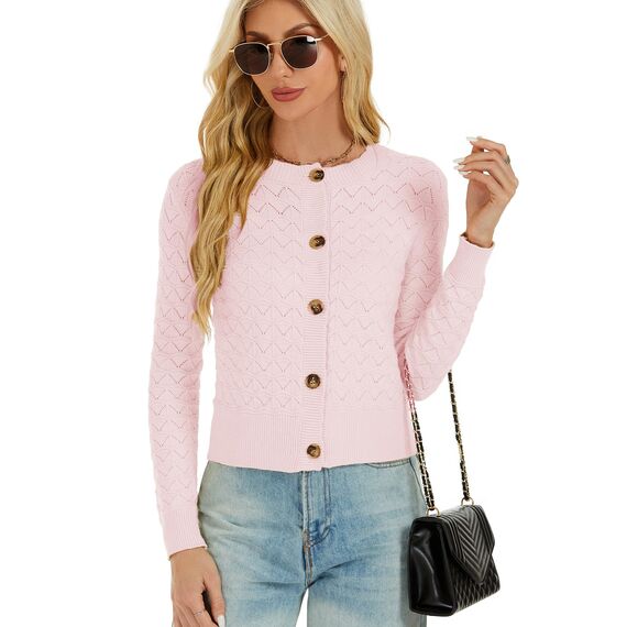 Enjyam Damen Strickjacke Langarm Elegant Kurz Cardigan mit Knöpfe Rundhals Weiche Leichte Jacke zum Top Kleid