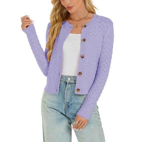 Enjyam Damen Strickjacke Elegant Langarm Rundhals Cardigan Leicht Bolero Jäckchen mit Knöpfe Weiche Strickweste Lila,L