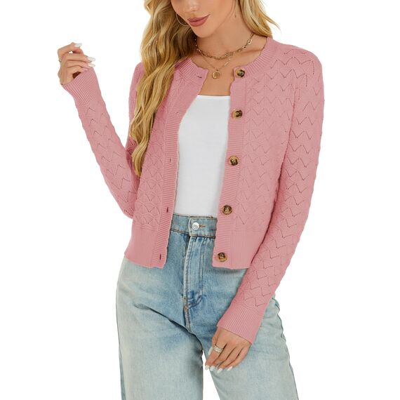 Enjyam Damen Strickjacke Langarm Elegant Kurz Cardigan mit Knöpfe Rundhals Weiche Leichte Jacke zum Top Kleid Lachsrosa,L