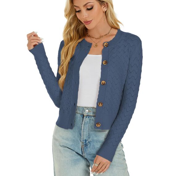 Enjyam Damen Strickjacke Elegant Langarm Rundhals Cardigan Leicht Bolero Jäckchen mit Knöpfe Weiche Jacke über Top Kleid Blau,S