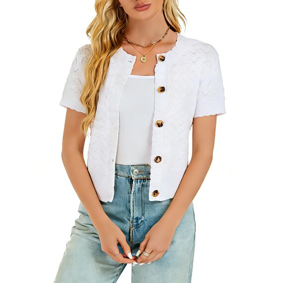 Enjyam Damen Strickjacke Kurzarm Elegant Kurz Cardigan mit Knöpfe Rundhals Weiche Leichte Jacke zum Top Kleid Weiß,L