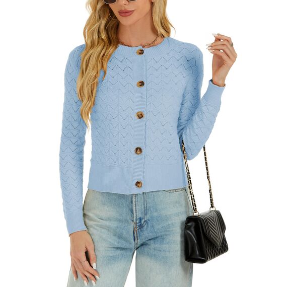 Enjyam Damen Strickjacke Langarm Elegant Kurz Cardigan mit Knöpfe Rundhals Weiche Leichte Jacke zum Top Kleid Blau,S