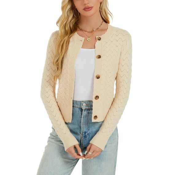 Damen Strickjacke Elegant Langarm Rundhals Cardigan Leicht Bolero Jäckchen mit Knöpfe Weiche Jacke über Top Kleid Beige,XL