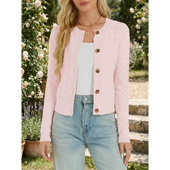 Enjyam Damen Strickjacke Langarm Elegant Kurz Cardigan mit Knöpfe Rundhals Leichte Trachtenjacke zum Top Kleid