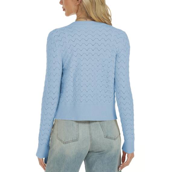 Enjyam Damen Strickjacke Langarm Elegant Kurz Cardigan mit Knöpfe Rundhals Weiche Leichte Jacke zum Top Kleid Blau,XL